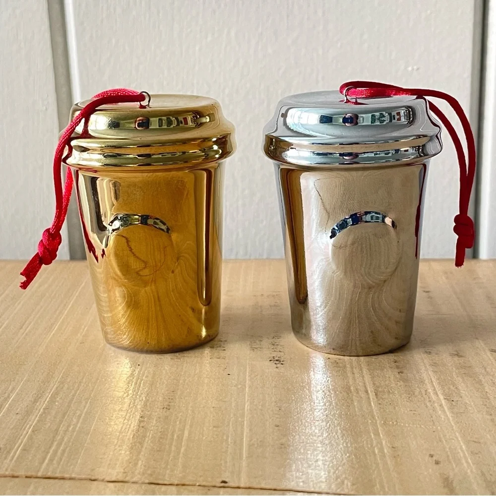 $15 SALE Starbucks Set of 2 Holiday 2014 Ornament VTG Collectible Silver Gold